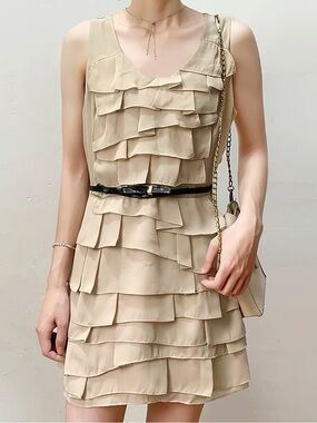 Tiered Ruffle Sleeveless Dress in Beige